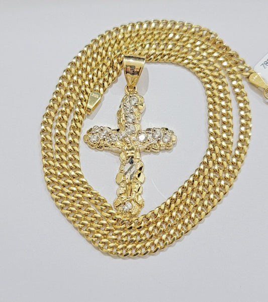 Real 10k Gold Jesus Cross Charm Chain Set Miami Cuban Link Necklace 2.5mm 18-26"