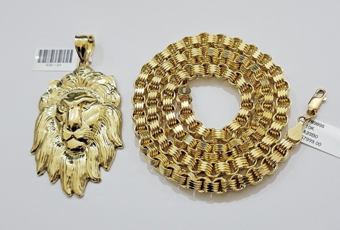 10kt Real Gold Box Byzantine Necklace Lion Charm Pendant SET Chain 6mm 26 Inches