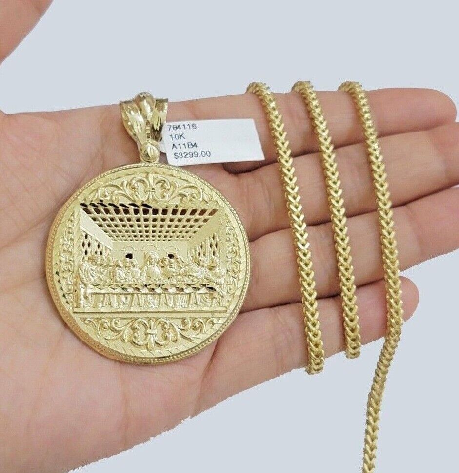 10k Yellow Gold Franco Chain Necklace Last Supper Charm Pendant 3mm 24