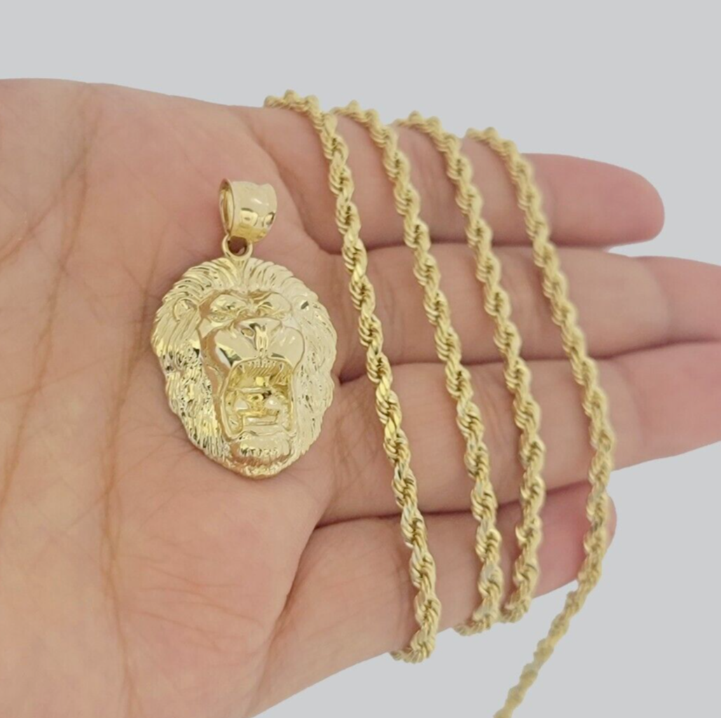 10k Gold Rope Chain Lion Head Charm Pendant 3mm 16-28'' Inches Necklace SALE NEW