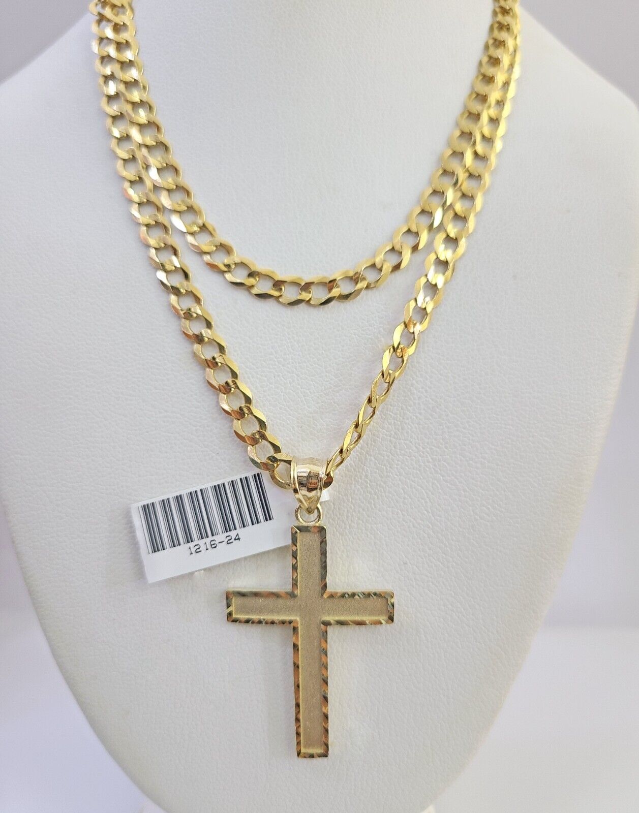 10k Gold Chain Necklace Jesus Cross Pendant Set Cuban Curb 5mm 20"-28" Charm