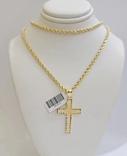 10k Gold Rope Chain Cross Charm Pendant Set 18"-28" inch 3mm Necklace, REAL 10KT