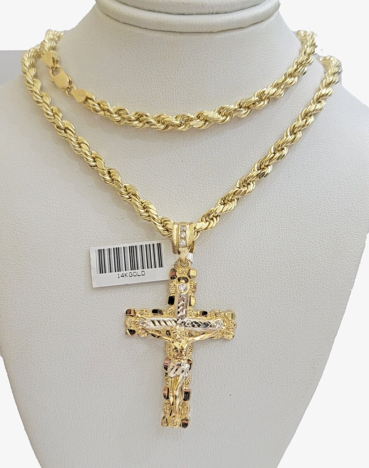 Rope Chain Cross Charm Pendant Set 14k Gold Necklace 20"-28" Inch 5mm, REAL 14KT