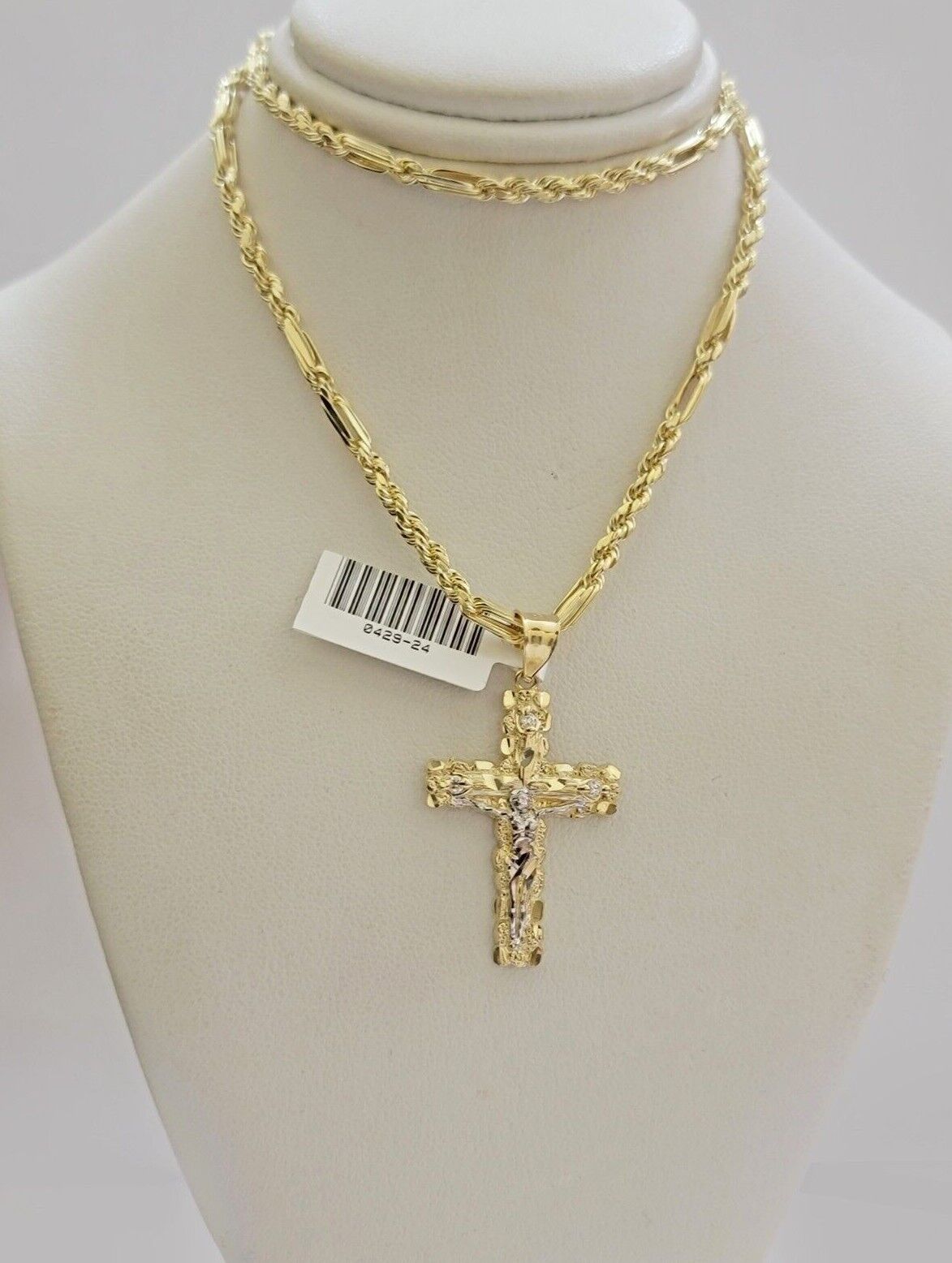 REAL 10k Gold Milano Rope Chain & Cross Charm Pendant Set Necklace 24 Inch 3mm