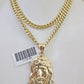 10k Gold Chain Jesus Head Pendant Set Miami Cuban Necklace 4mm 18"-26" Charm