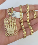 10k Gold Chain Crown Pendant Set Miami Cuban link Necklace 5mm 20"-30" Charm