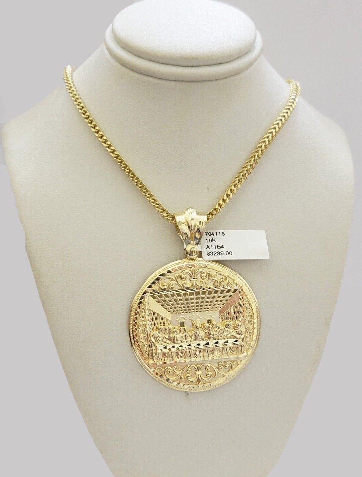 10kt Yellow Gold Last Supper Charm Pendant Franco Chain Necklace 3mm 26"Inch 10k