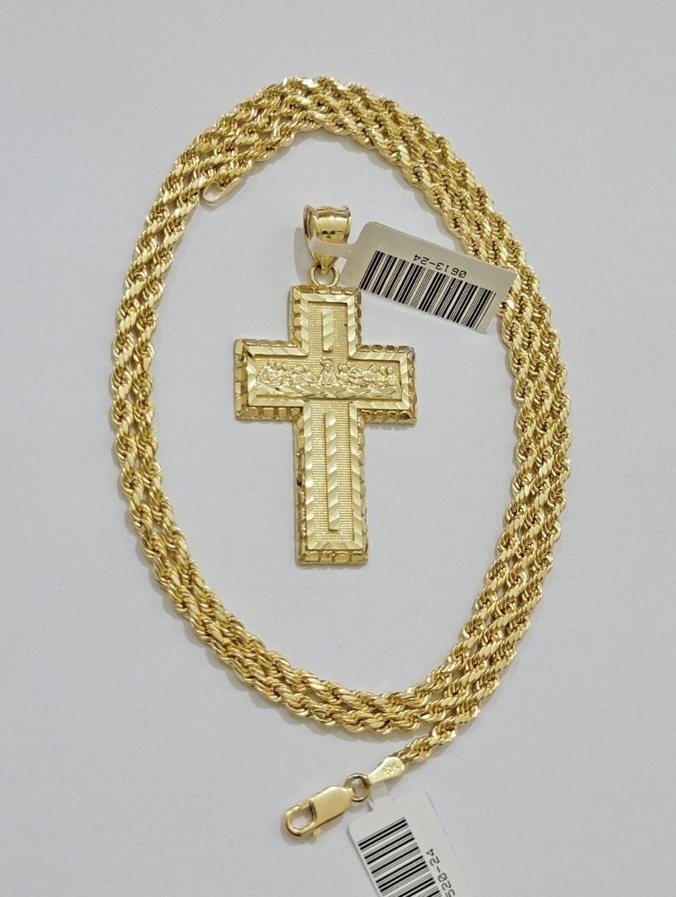 10k Yellow Gold Rope Chain Last Supper Cross Charm Pendant 18-28'' Inch Necklace