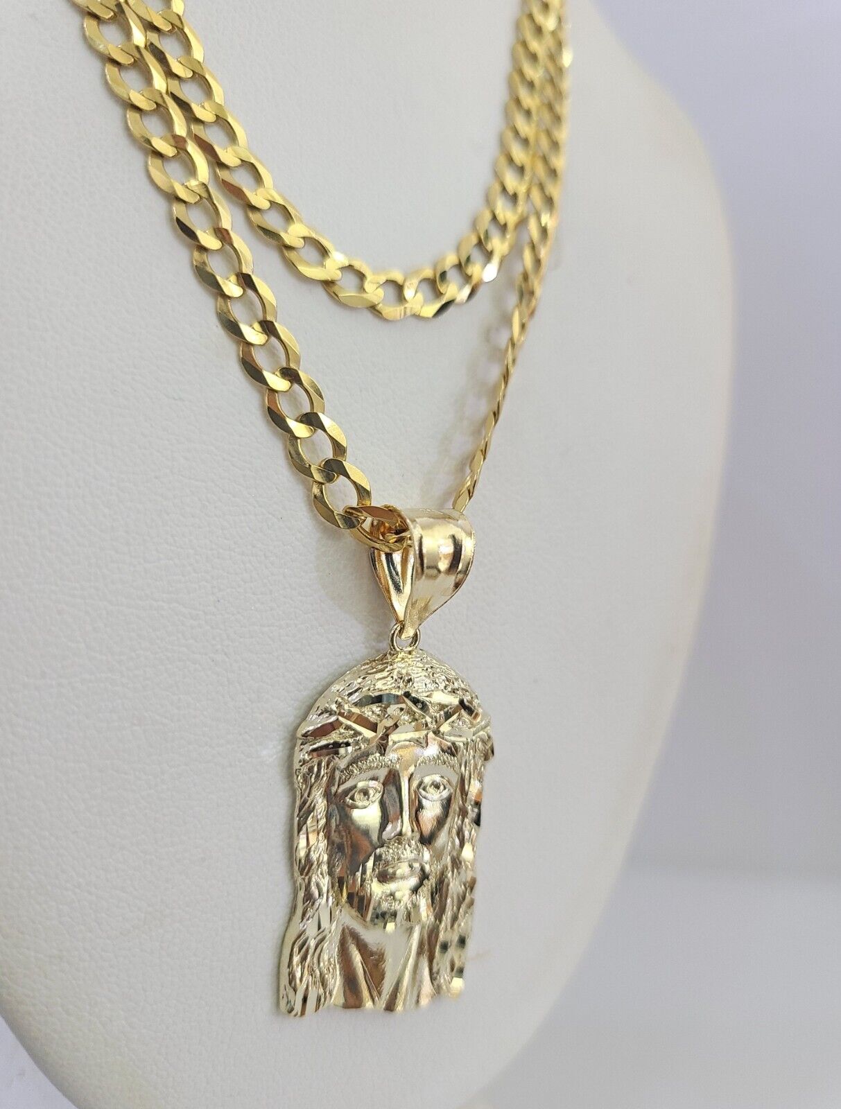 10k Gold Chain Necklace Jesus Head Pendant Set Cuban Curb 5mm 20"-28" Charm