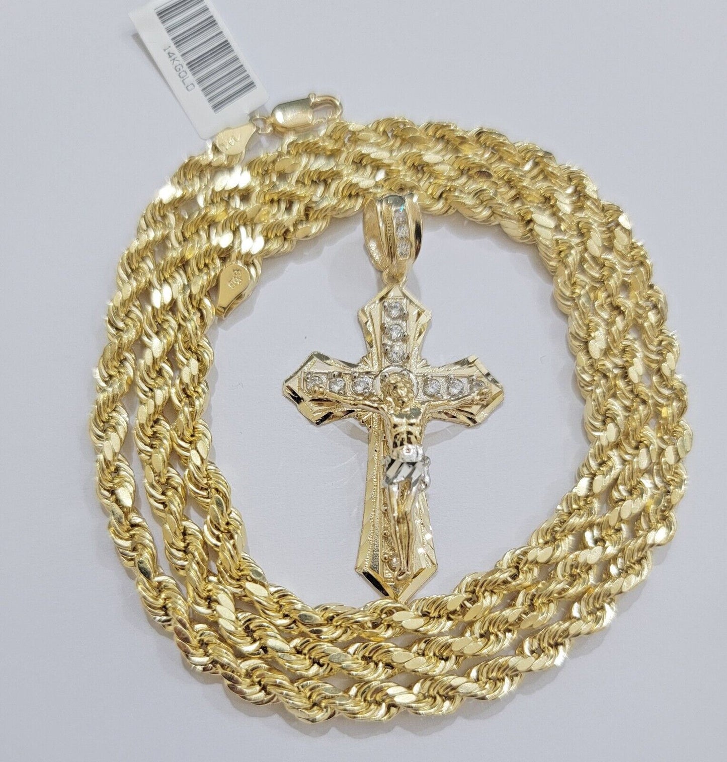 10k Gold Rope Chain Necklace Cross Charm Jesus Pendant Set 18-28" 5mm, REAL 10KT