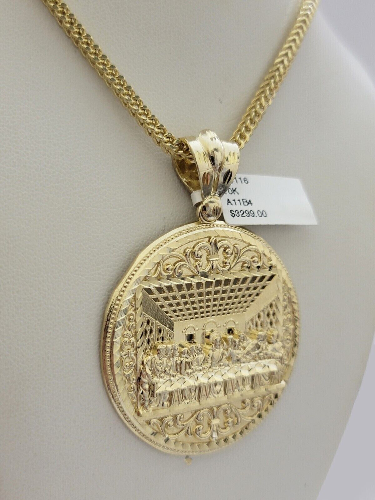 10k Yellow Gold Franco Chain Necklace Last Supper Charm Pendant 3mm 22