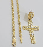 Real 14k Gold Rope Chain Necklace Jesus Cross Charm Pendant Set 16-28" inch 3mm