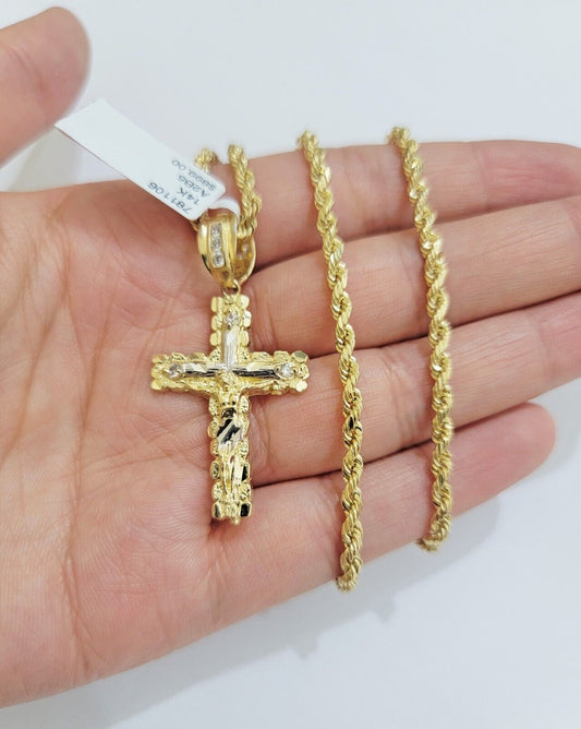 14k Gold Rope Chain Necklace Cross Charm Pendant Set 16-28" inch 3mm , Real 14KT