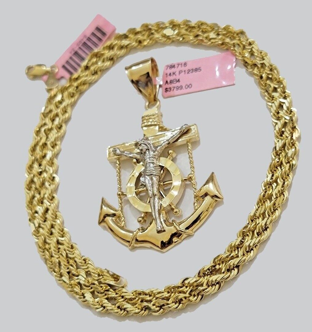 14k Solid Gold Rope Chain Necklace Jesus Anchor Charm Pendant 22'' Inch 4mm 14KT