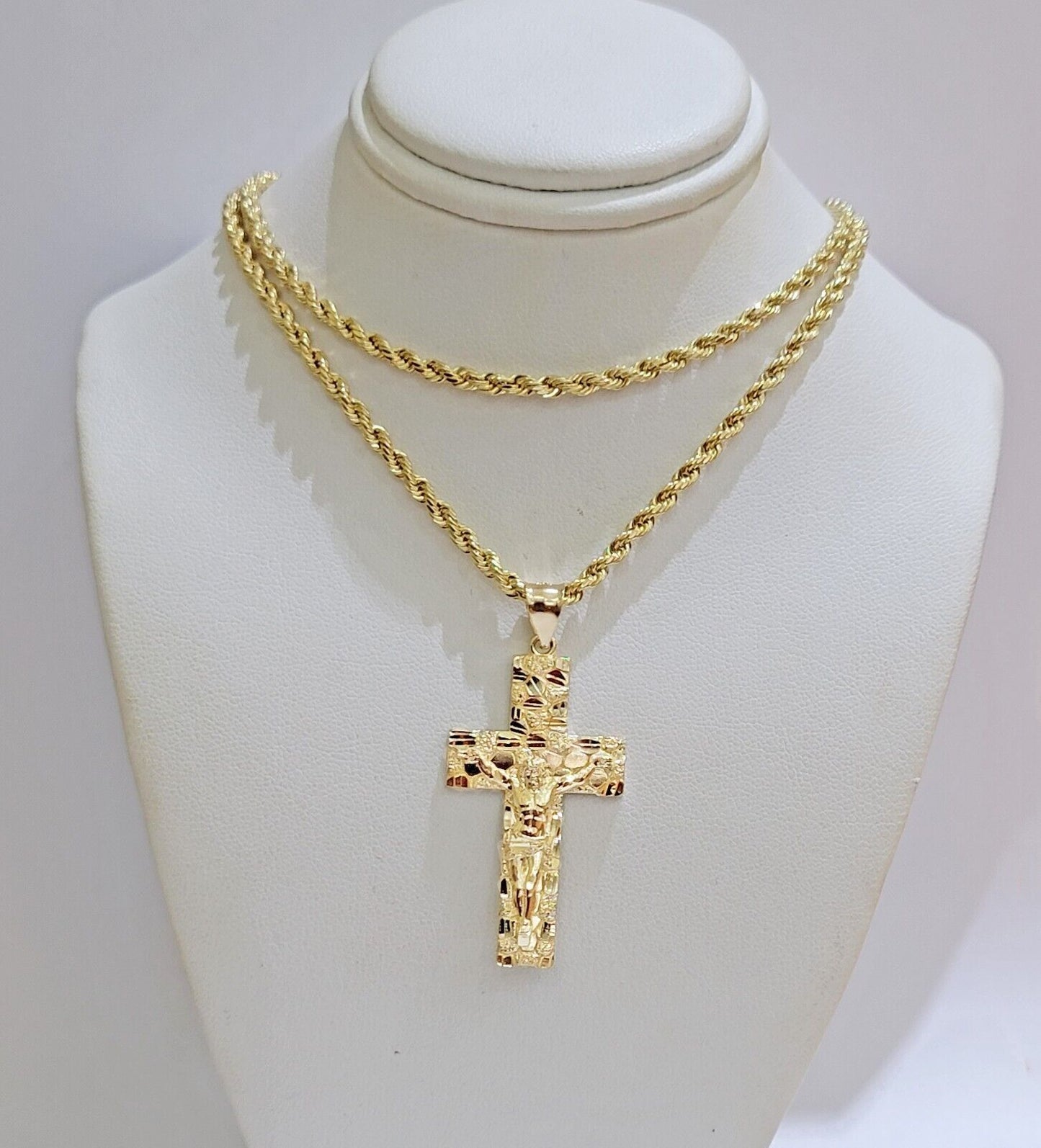 10k Gold Rope Chain Nugget Cross Charm Pendant Set 18-28 inch 3mm Necklace, REAL