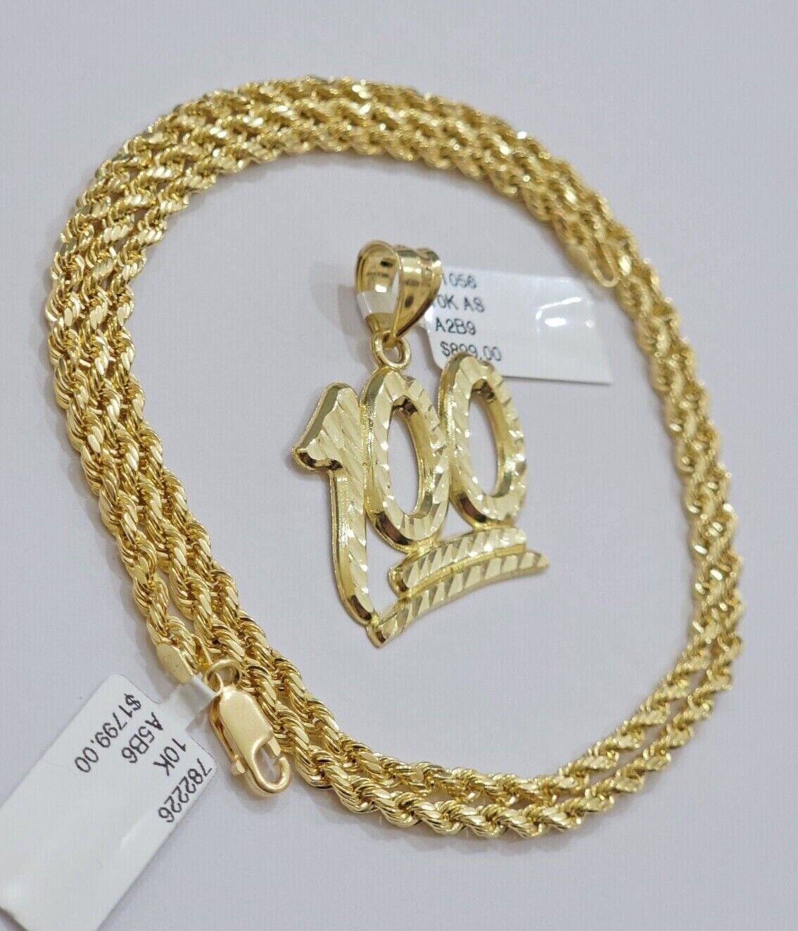 10k Yellow Gold Rope Chain 100 Charm Pendant Set 22 Inch 3mm Necklace REAL SALE
