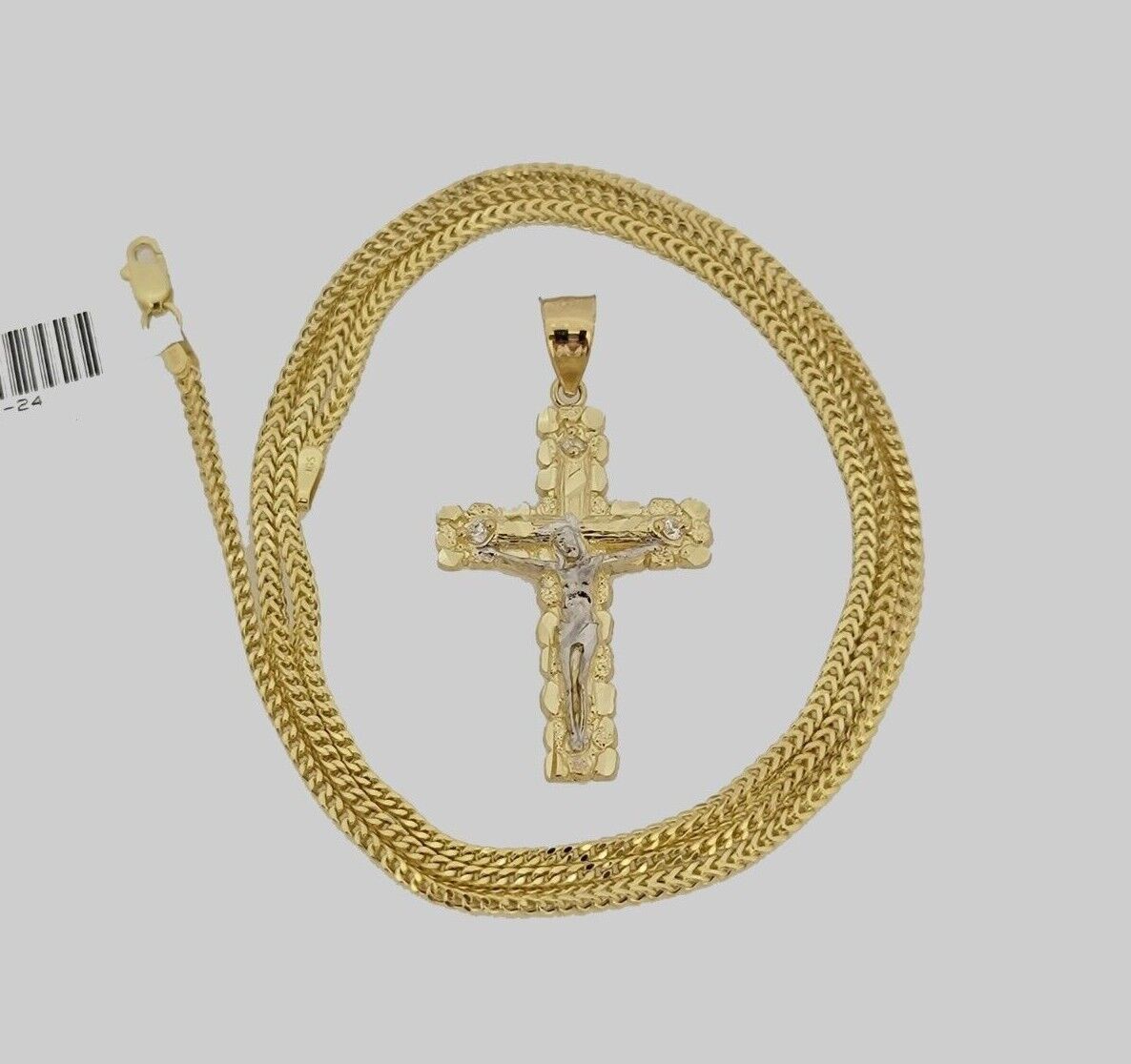 10k Gold Franco Chain Jesus Crucifix Cross Charm Pendant 2mm 16-24 Inch Necklace