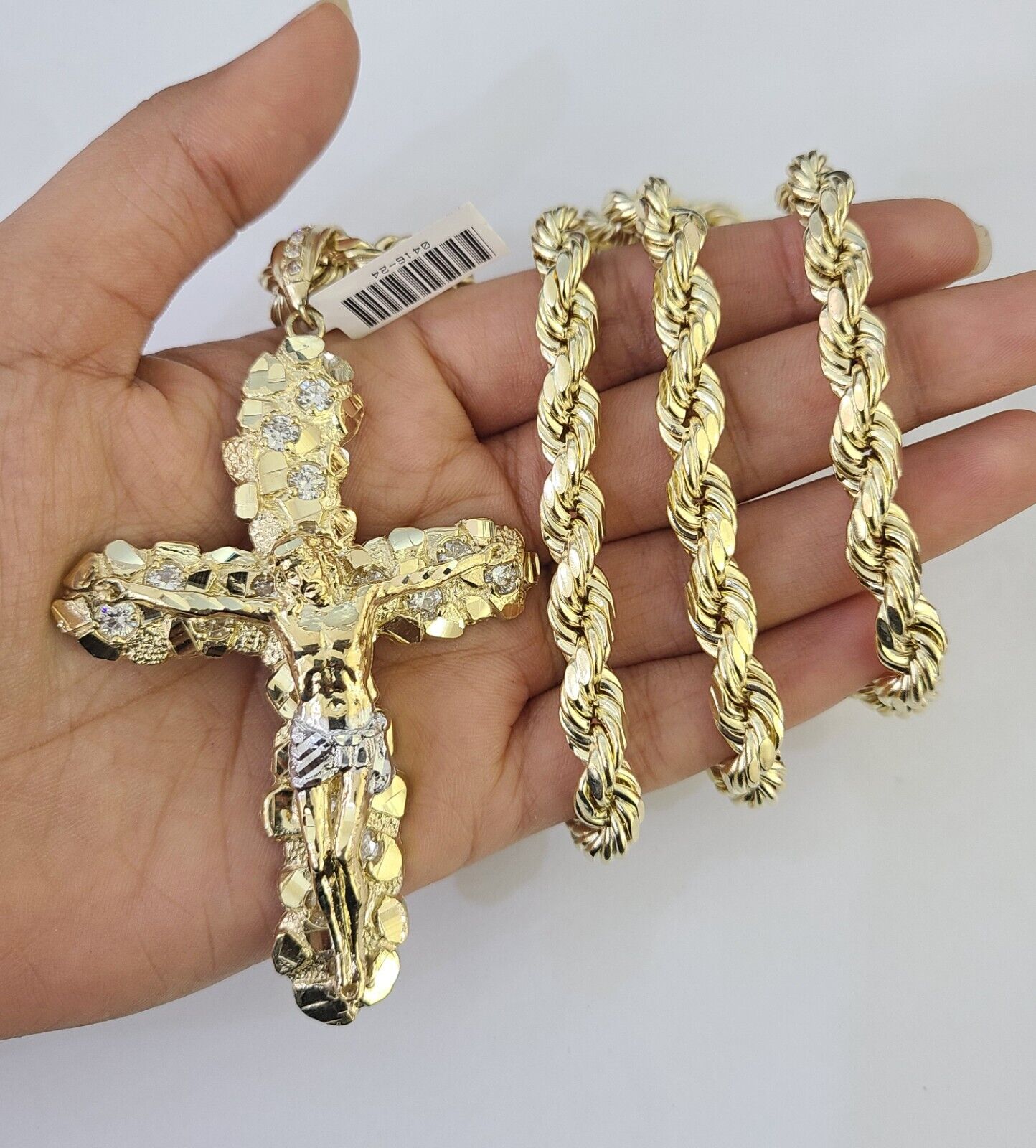 10k Yellow Gold Rope Chain Jesus Cross Charm Pendant 18-30'' Inch 8mm  Necklace