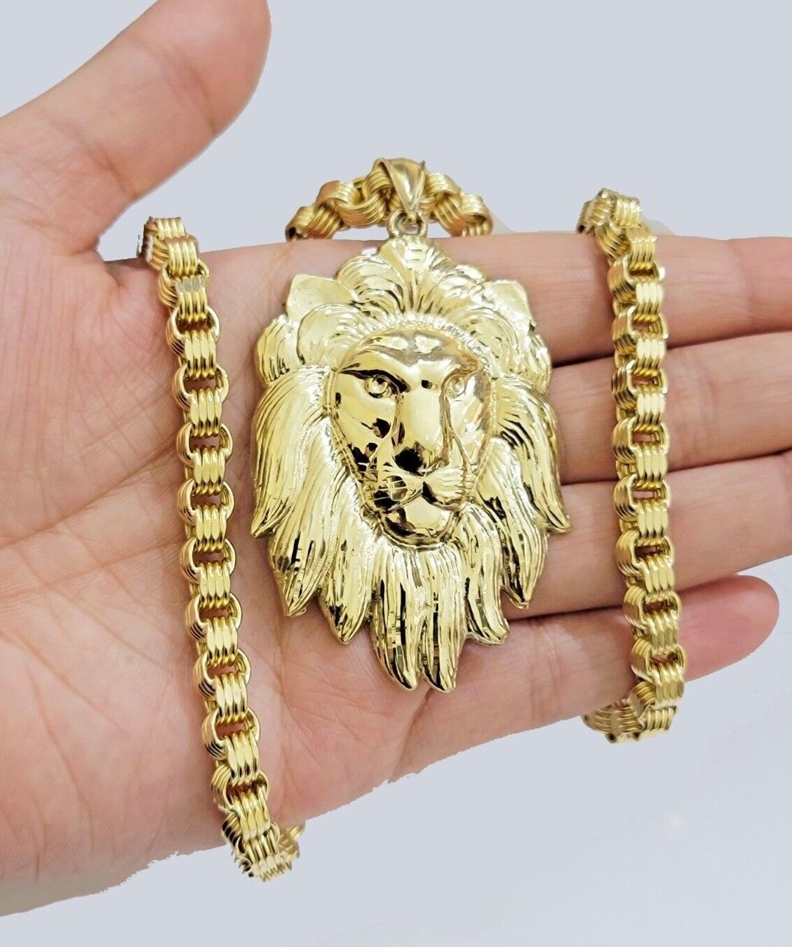 Real 10k Gold Box Byzantine Necklace Lion Charm Pendant SET Chain 18-30 Inch 6mm