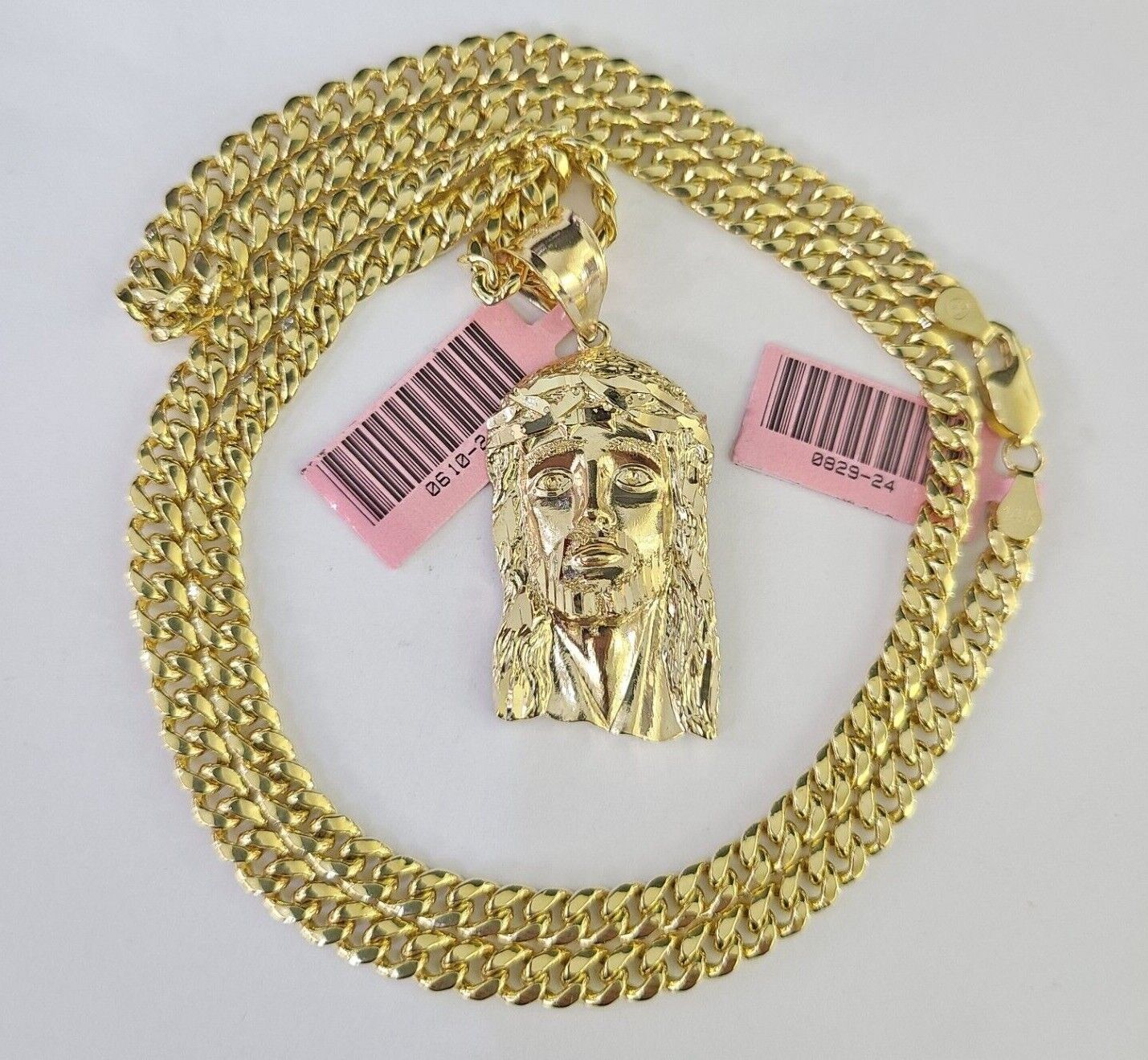 Real 14k Gold Chain Jesus Head Pendant Set 14kt Miami Cuban Link Chain 5mm Charm