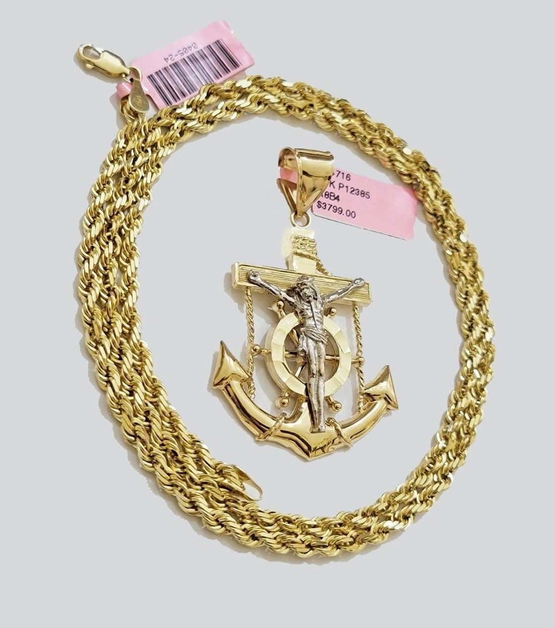 Solid 14k Gold Rope Chain Necklace Jesus Anchor Charm Pendant 28 Inches 4mm SALE