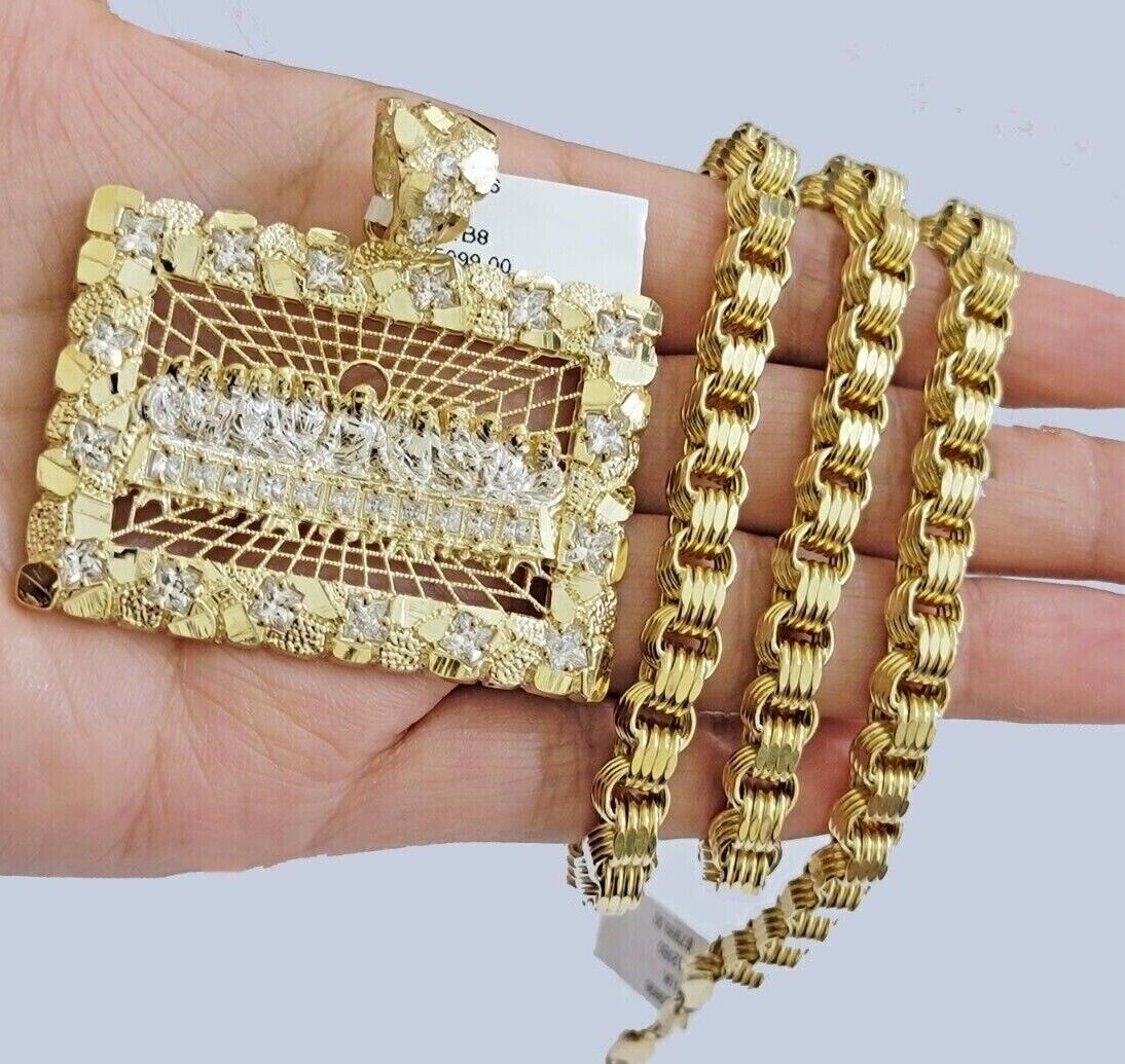 Real 10k Gold Box Byzantine Necklace Last Supper Charm Pendant Chain 6mm 20 Inch