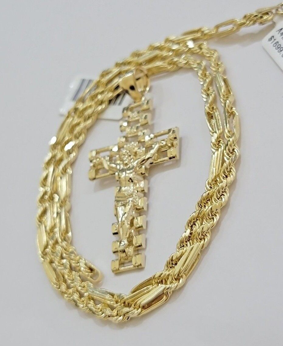 10k Gold Milano Rope Chain Jesus Cross Charm Pendant Set 18-24'' Inches Necklace