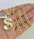 10k Gold Chain Necklace Dollar Pendant Set Cuban Curb 5mm 20"-28" Charm