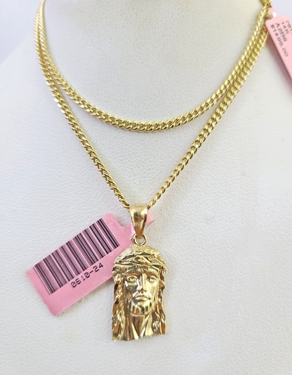 Real 14k Gold Chain Jesus Head Pendant Set 14kt Miami Cuban Link Chain 2mm Charm