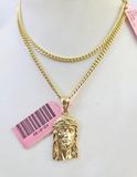 Real 14k Gold Chain Jesus Head Pendant Set 14kt Miami Cuban Link Chain 2mm Charm