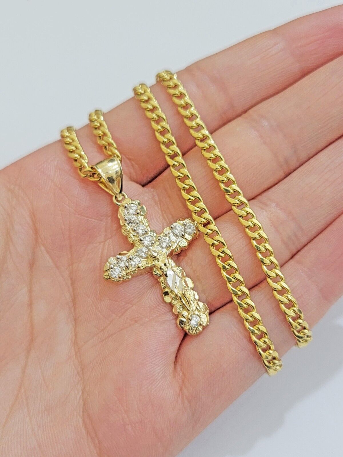 Real 10k Gold Cross Charm Pendant Chain SET 18-26" Miami Cuban Link Necklace Men