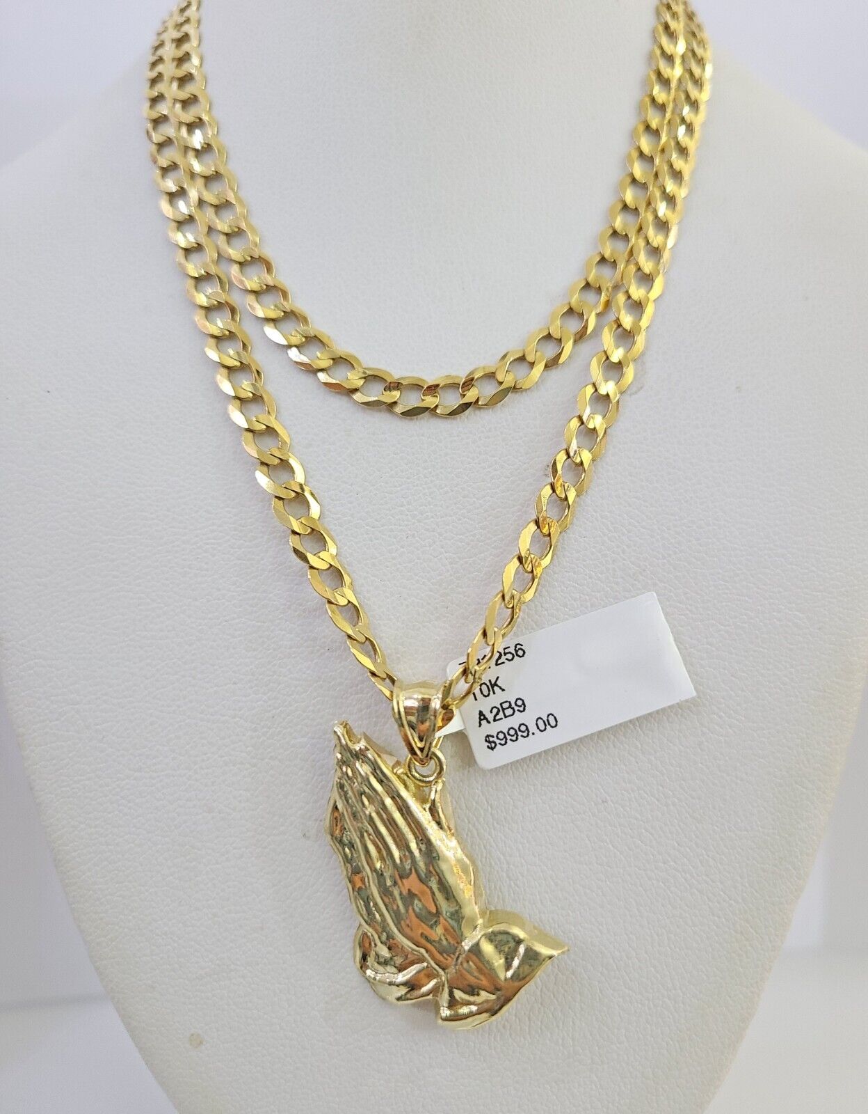 10k Gold Chain Necklace Praying Hands Pendant Set Cuban Curb 5mm 20"-28" Charm