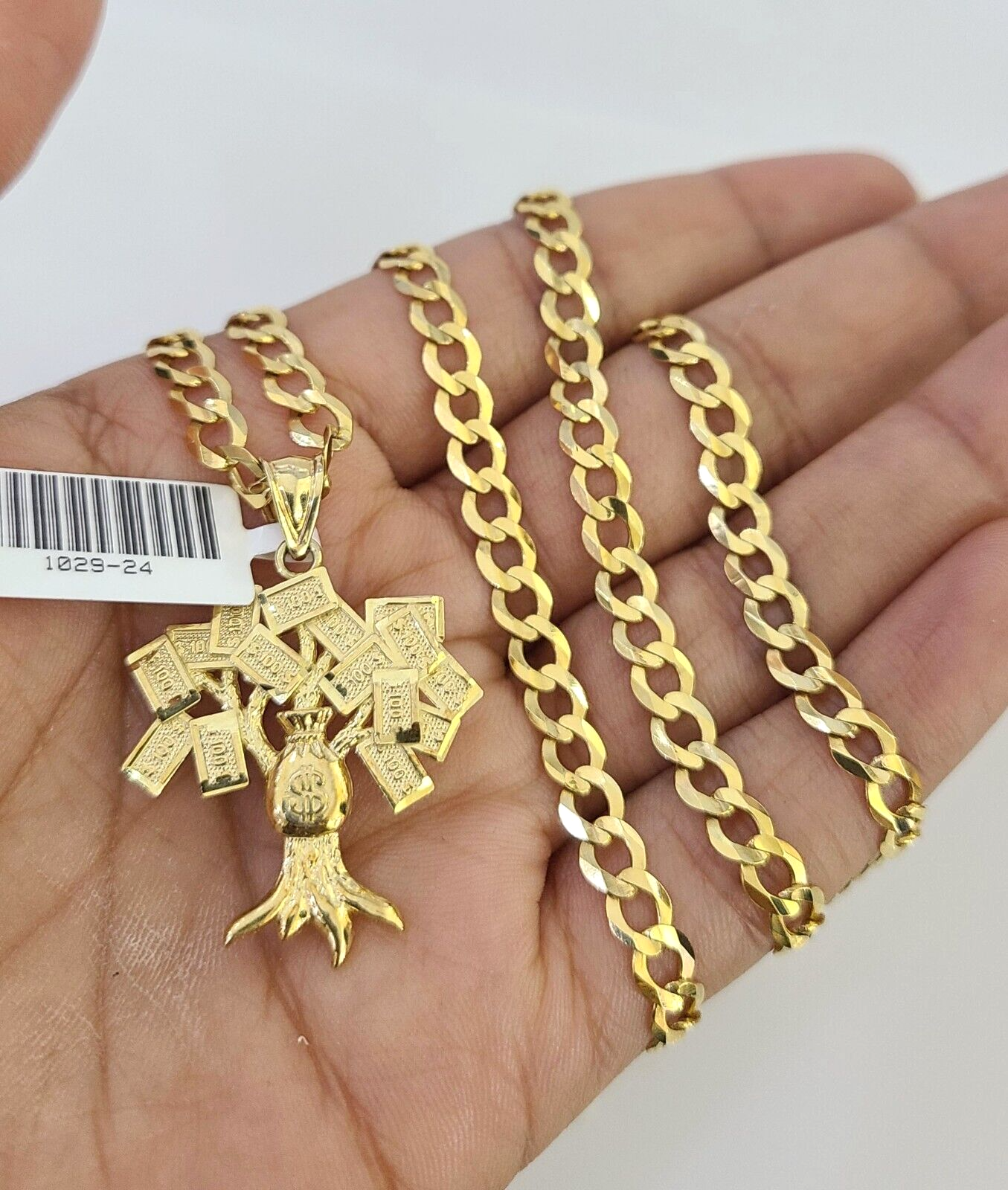 10k Gold Chain Necklace Money Tree Pendant Set Cuban Curb 5mm 20"-28" Charm