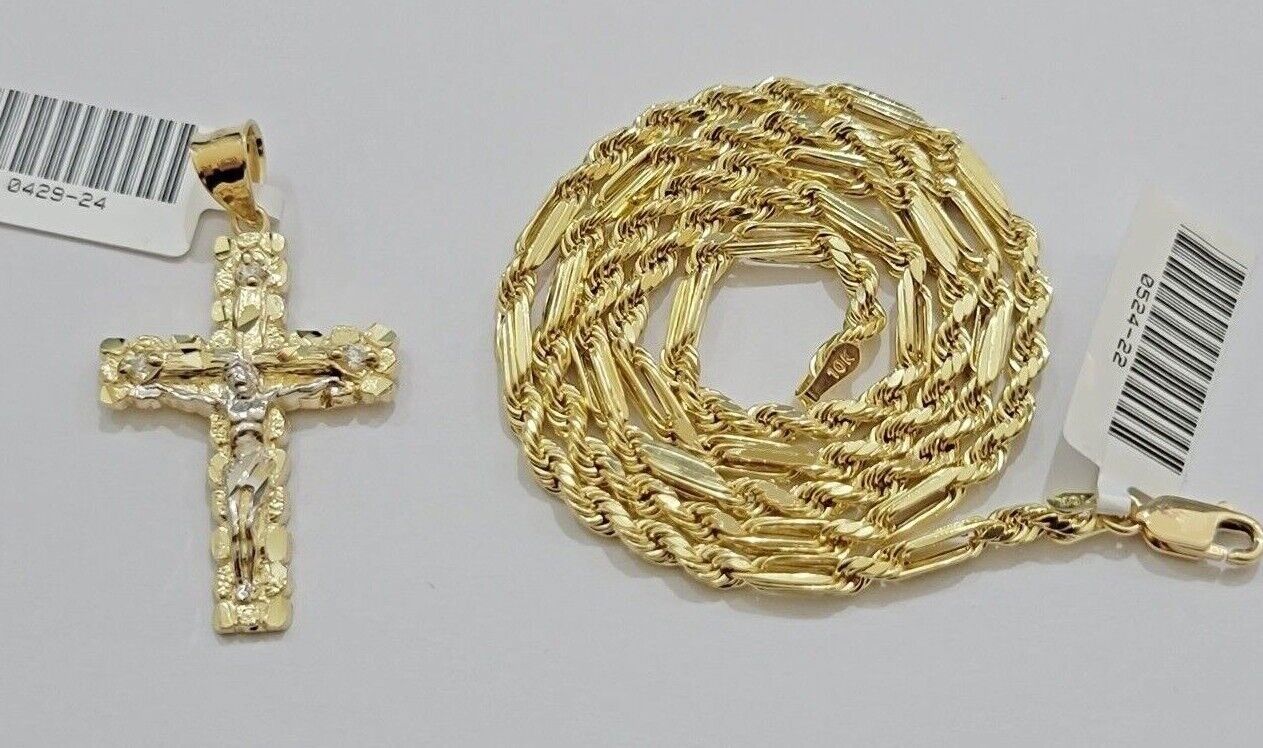 REAL 10k Gold Milano Rope Chain & Cross Charm Pendant Set Necklace 24 Inch 3mm