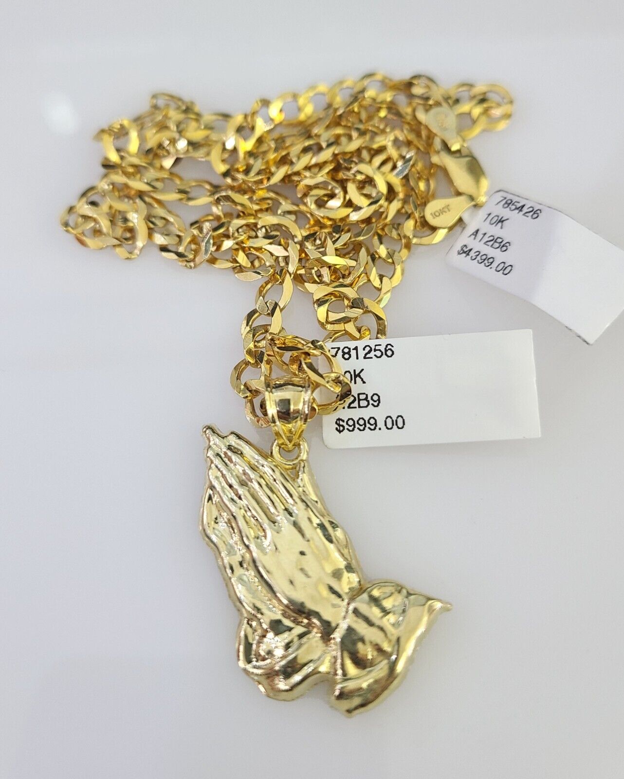 10k Gold Chain Necklace Praying Hands Pendant Set Cuban Curb 5mm 20"-28" Charm