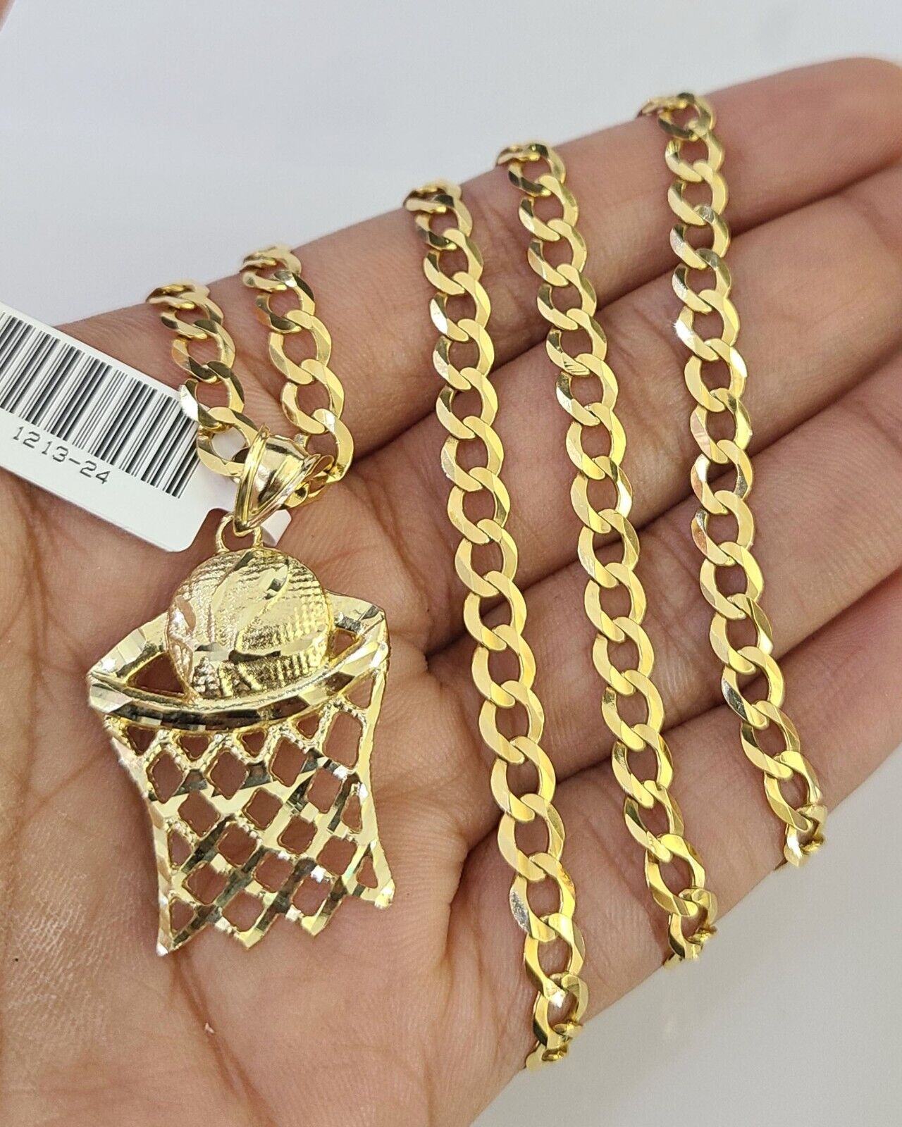 10k Gold Chain Necklace Basket Ball Pendant Set Cuban Curb 5mm 20"-28" Charm