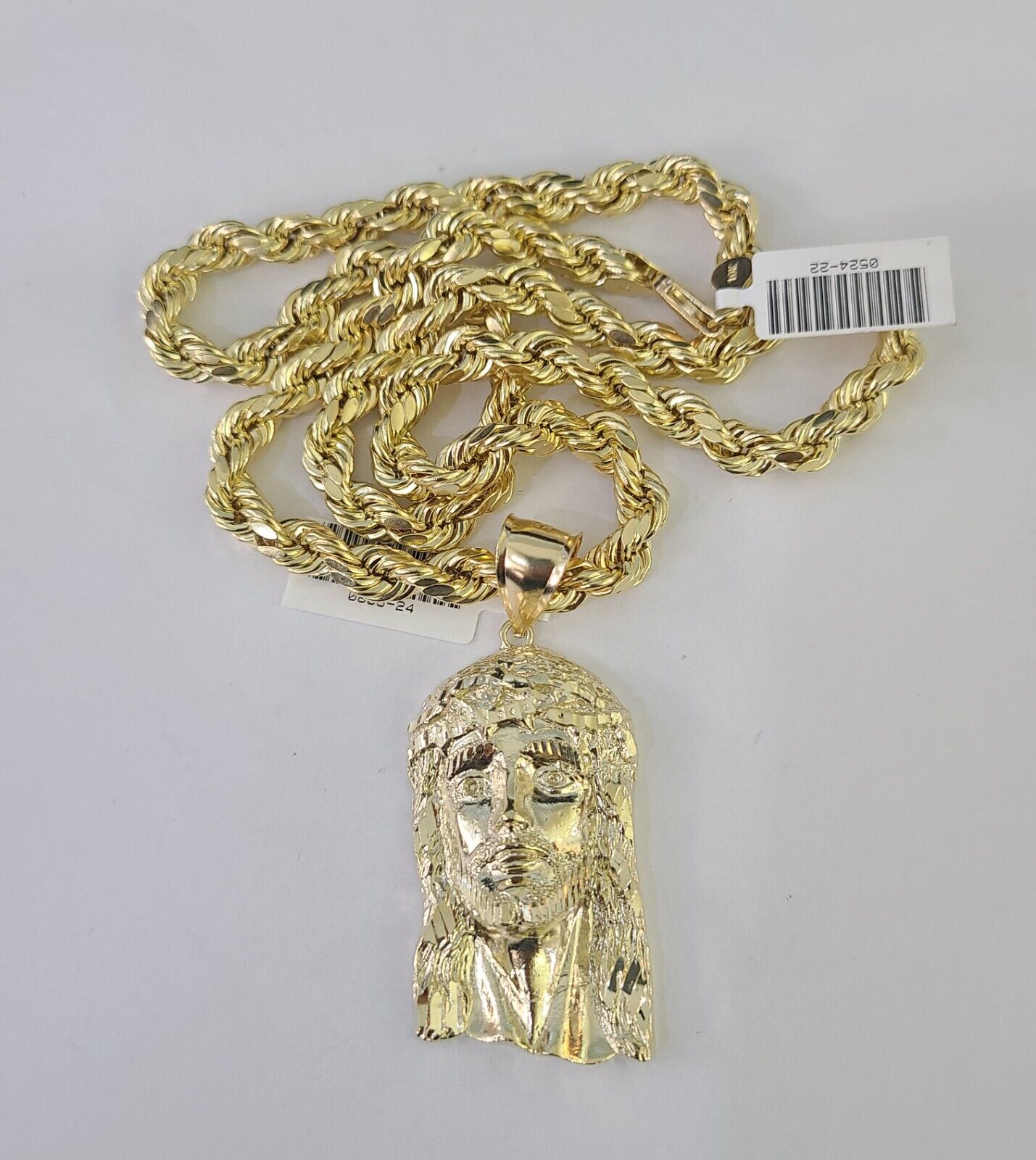 10k Yellow Gold Rope Chain Jesus Head Charm Pendant 18-30'' Inch 7mm  Necklace