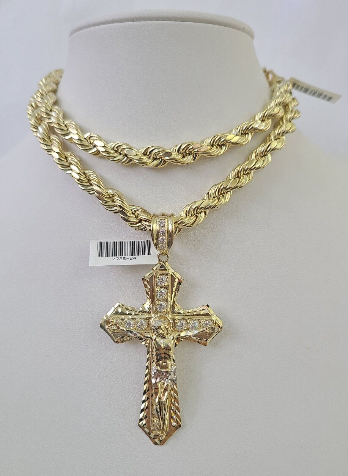 10k Yellow Gold Rope Chain Jesus Cross Charm Pendant 18-30'' Inch 8mm  Necklace