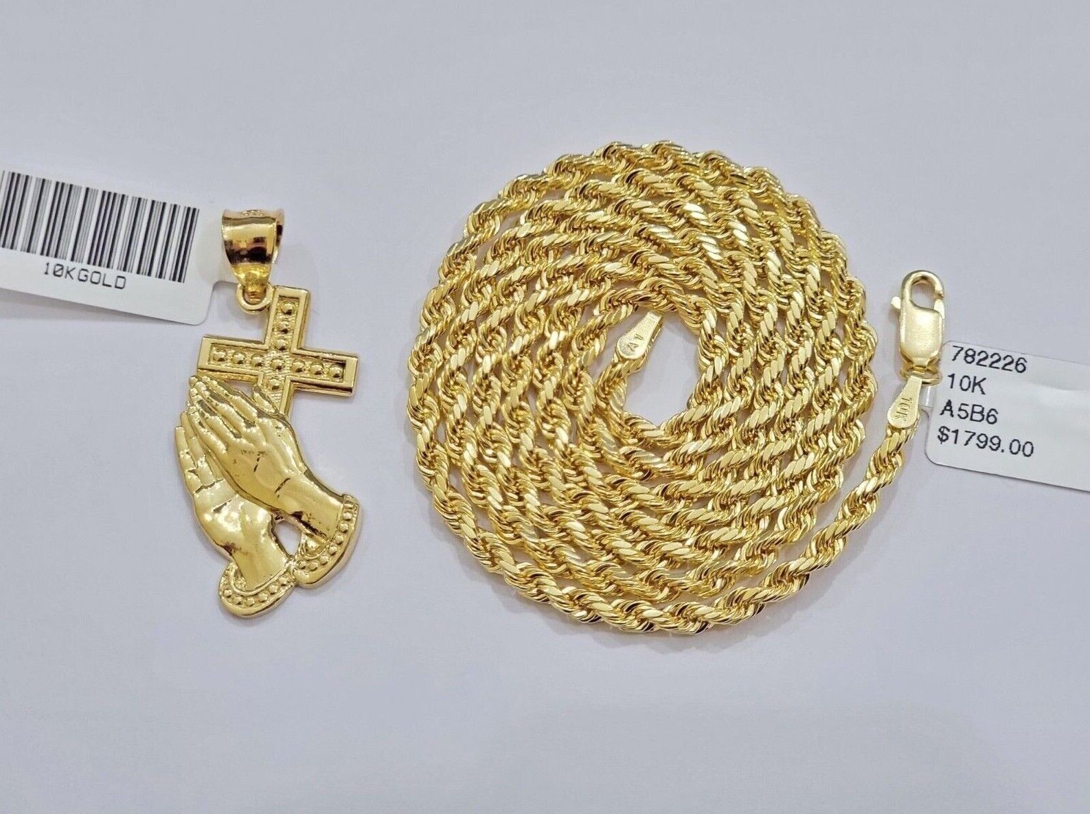 10k Gold Rope Chain Praying Hand Charm Pendant Set 18-28''Inch 3mm Necklace REAL