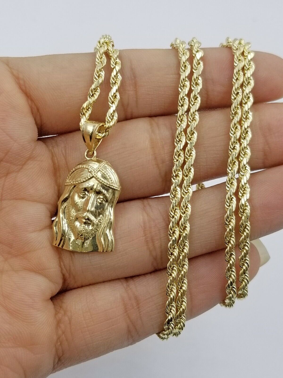 REAL 10k Rope Chain And Jesus head face Charm Pendant 3mm Necklace Set 16"-28"
