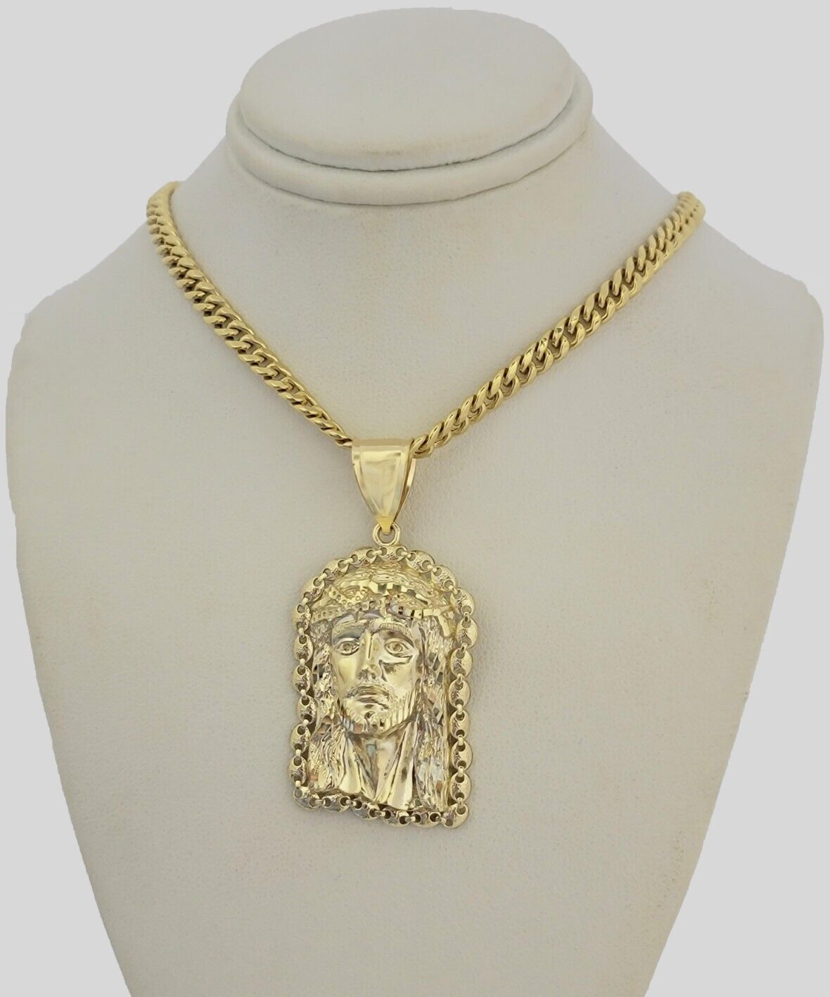 10kt Gold Miami Cuban Chain Jesus Head Charm Pendant 5mm 18-28Inch Necklace SALE