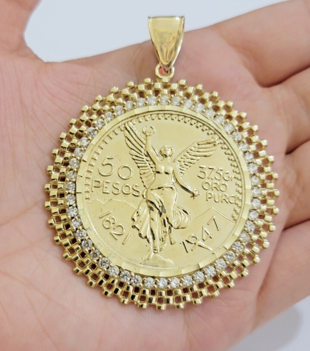 10kt Gold 1947 Mexican Centenario Coin Charm Pendant 50 pesos With 10k Bezel NEW