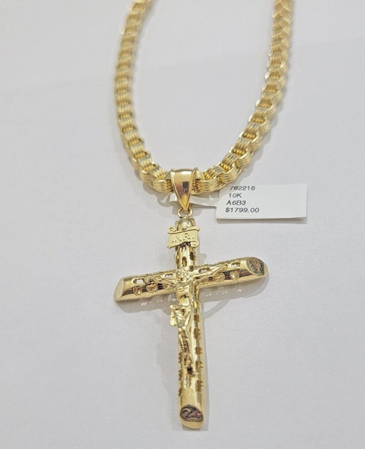 Byzantine chain and Cross charm pendant 10k Yellow Gold set 5mm Necklace 20