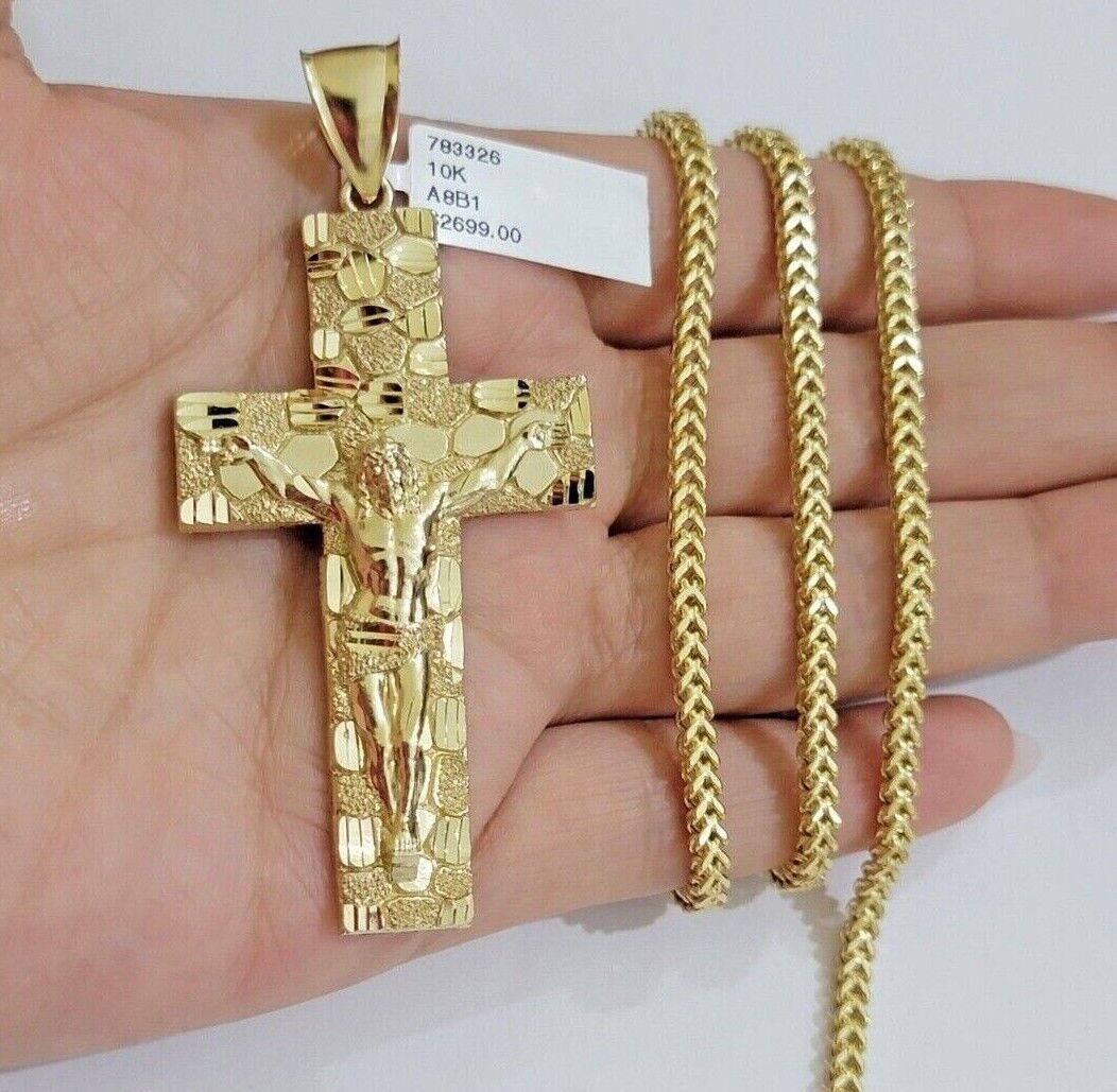 10kt Yellow Gold Franco Chain Necklace Nugget Cross Charm Pendant 3mm 18-26 Inch