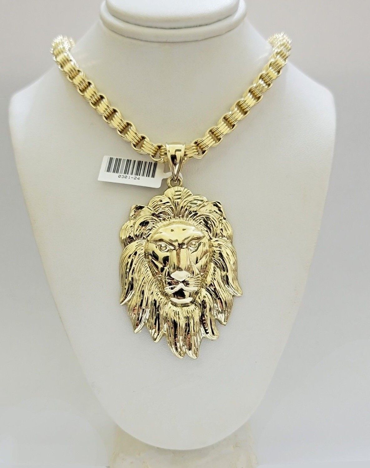 10kt Real Gold Box Byzantine Necklace Lion Charm Pendant SET Chain 6mm 26 Inches