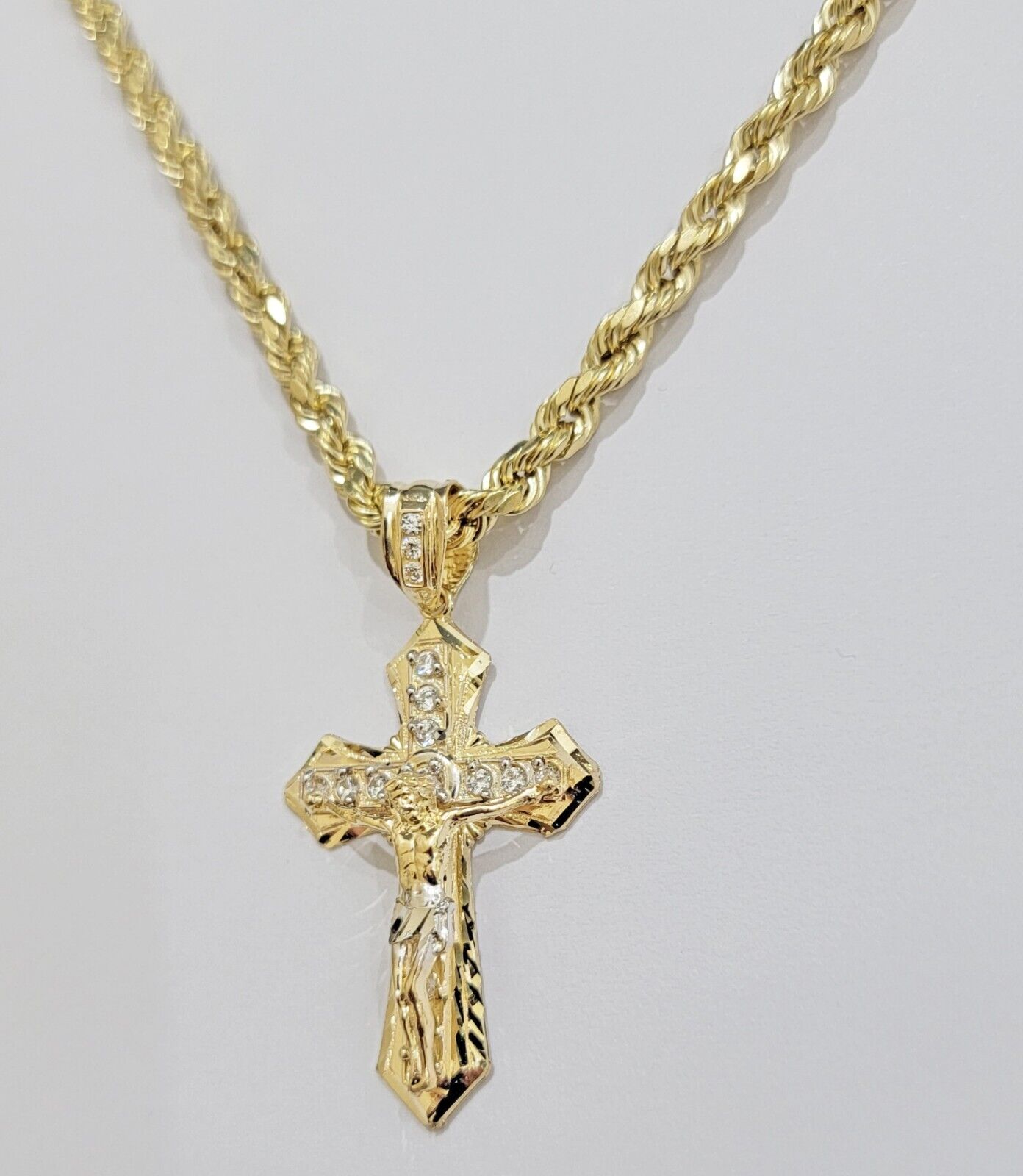 10k Gold Rope Chain Necklace Cross Charm Jesus Pendant Set 18-28" 5mm, REAL 10KT