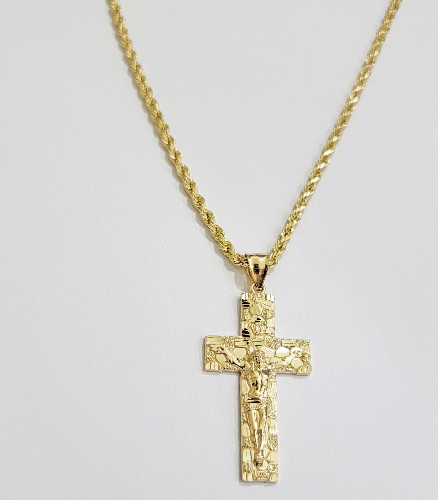 10k Gold Rope Chain Nugget Cross Charm Pendant Set 18-28 inch 3mm Necklace, REAL