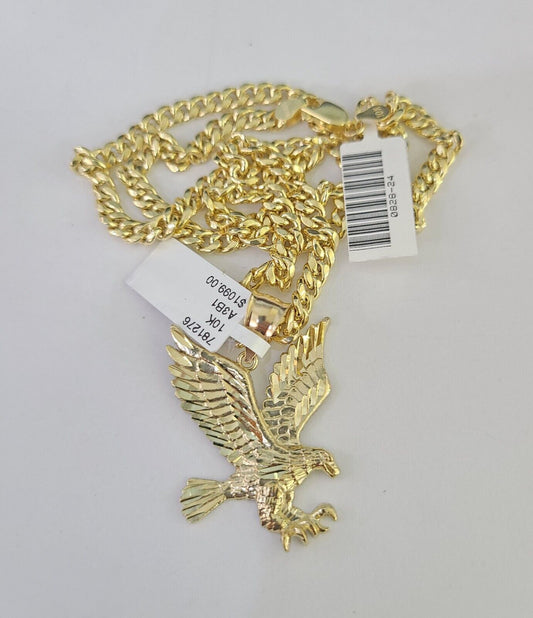 10k Gold Chain Eagle Pendant Set Miami Cuban link Necklace 5mm 20"-30" Charm