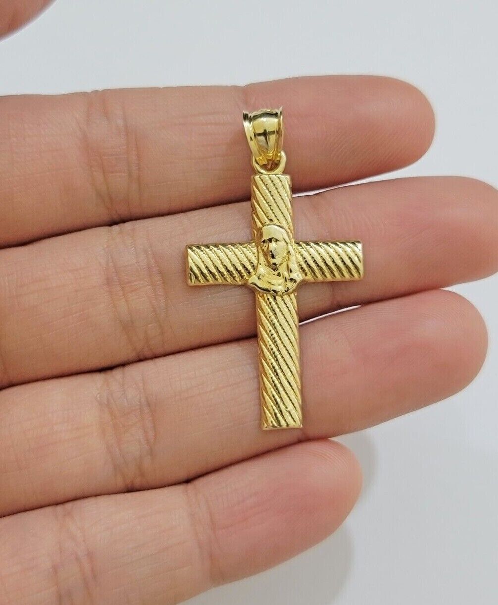 10k Yellow Gold Rope Chain Jesus Cross Charm Pendant Set 18-28'' Inches Necklace