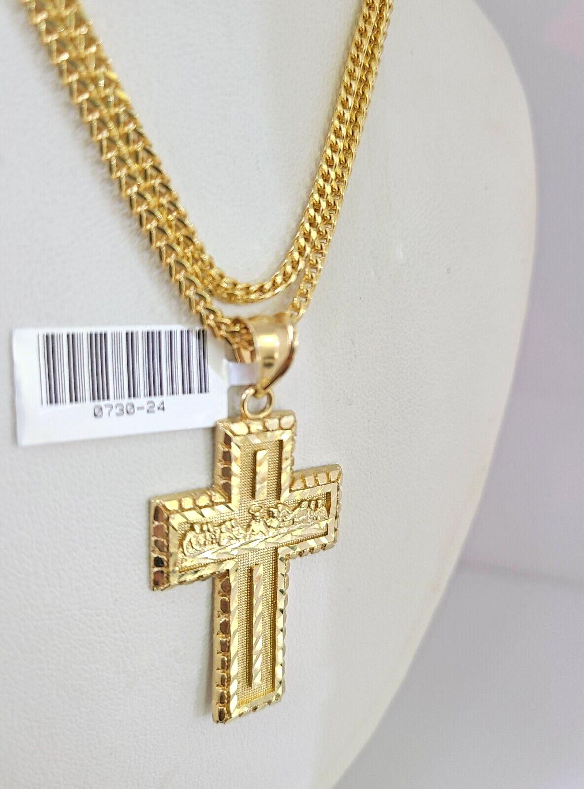 10k Gold Franco Chain Jesus Cross Charm Pendant 2.5mm 18-24 Inches Necklace